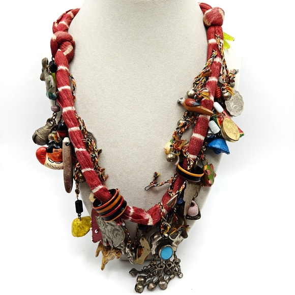 Vintage Jewelry - VINTAGE Handcrafted Chachkas Milagros Charm Over the Top Statement Necklace